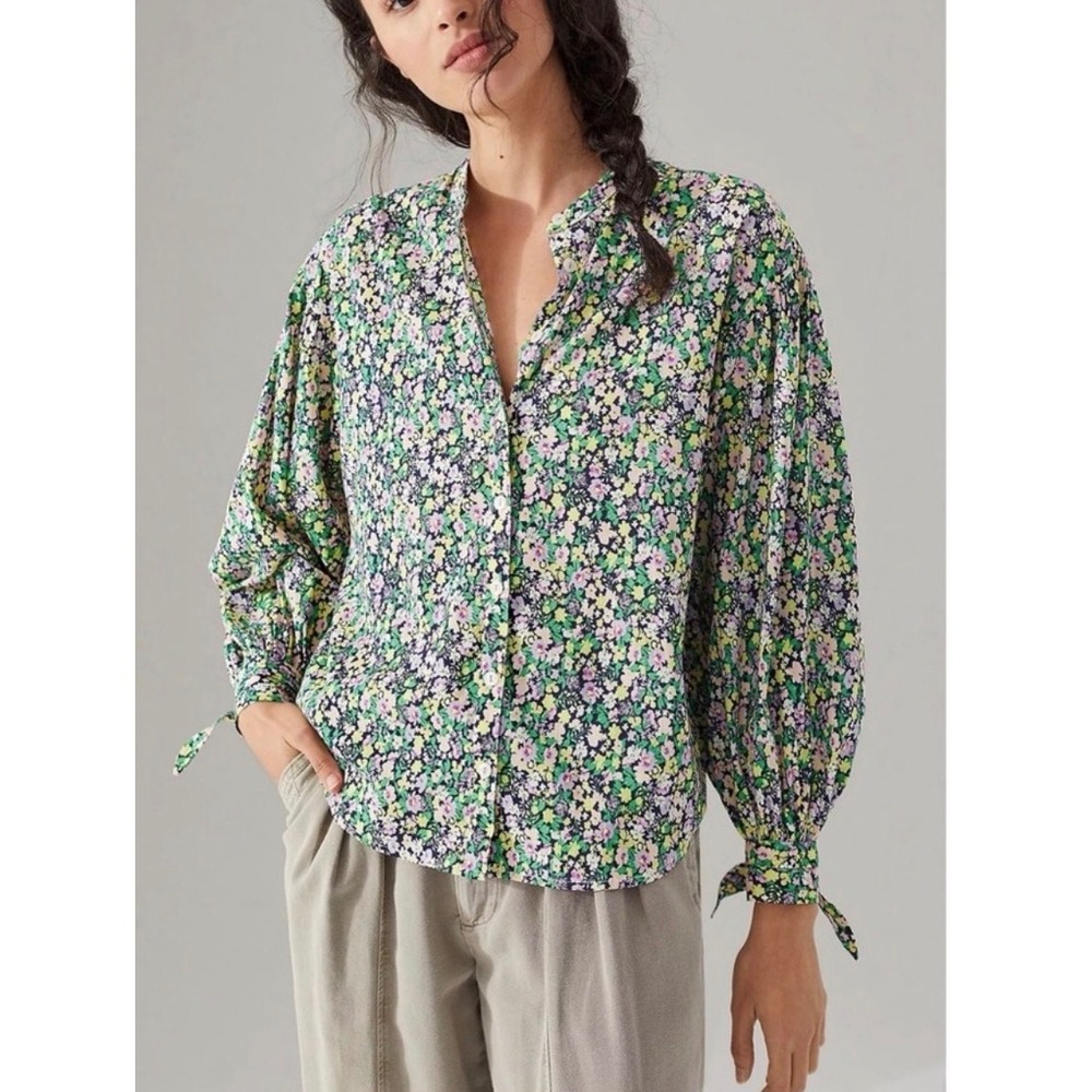 Maeve Anthropologie Ditsy Floral Button Front Blouse Tie Cuff Balloon Sleeve M